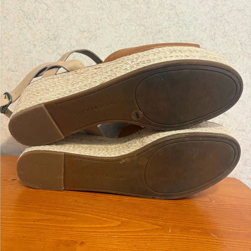 Lucky Brand Ginny Women's Tan Leather Espadrille Platform Sandals heel size 11